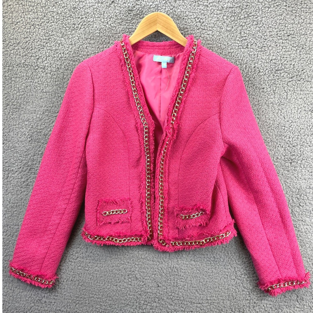 Fresh Twist Tweed Jacket Chain Trim Womens Medium Pink Cropped Blazer NWT